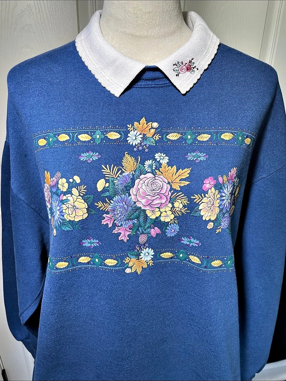 VTG 90s Morning Sun Floral Collared Sweatshirt Blue Grandma Crewneck Pullover L